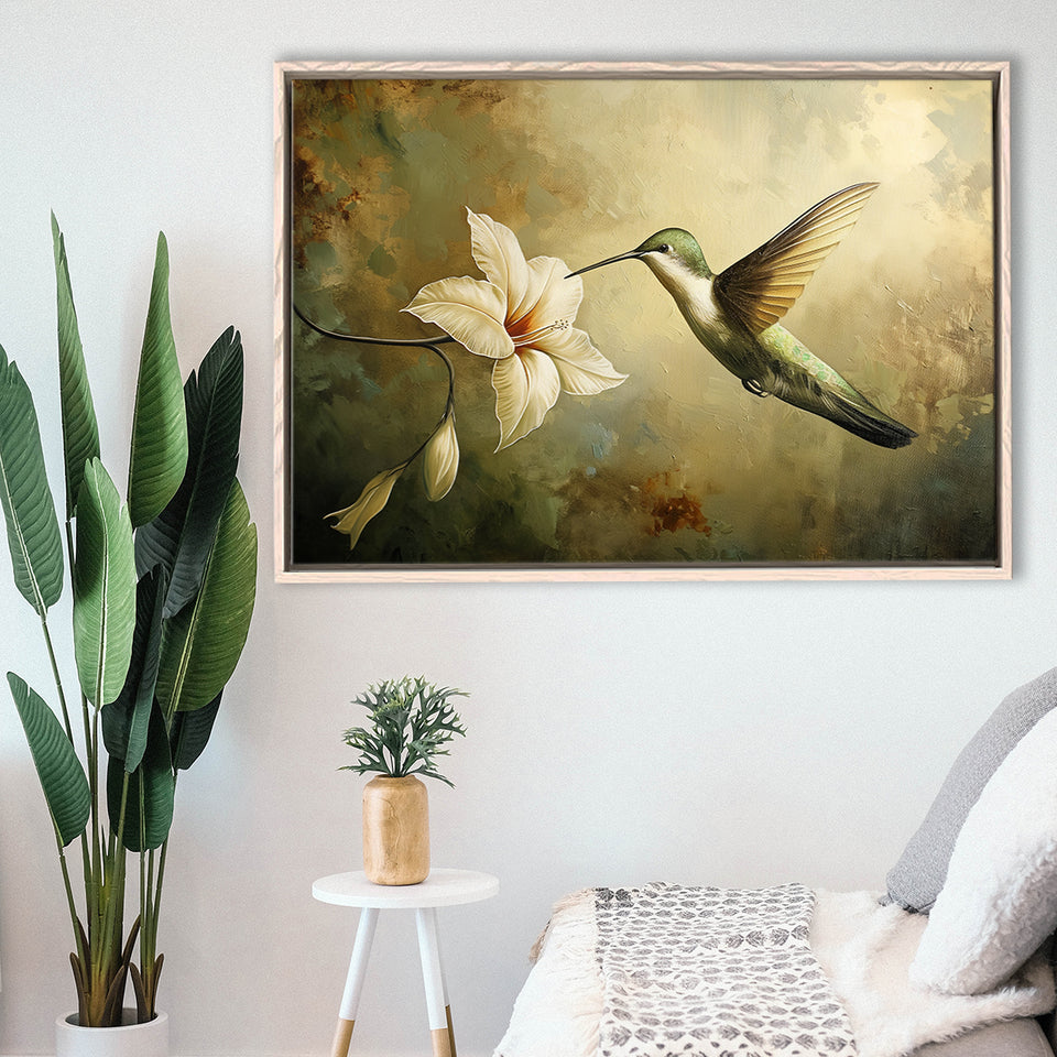 Hummingbird Flying Oil Painting Vintage, Framed Canvas Print Wall Art Decor, Floating Frame Painting Canvas