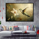 Hummingbird Flying Oil Painting Vintage, Framed Canvas Print Wall Art Decor, Floating Frame Painting Canvas