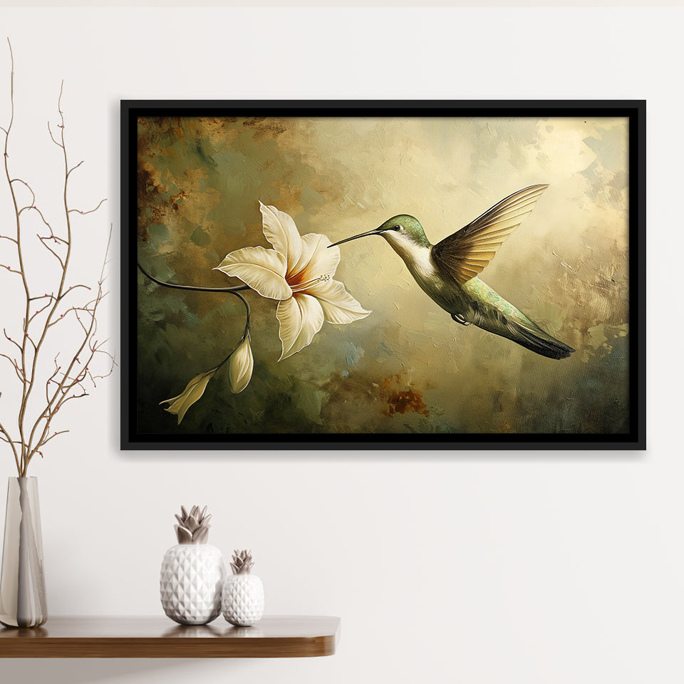 Hummingbird Flying Oil Painting Vintage, Framed Canvas Print Wall Art Decor, Floating Frame Painting Canvas