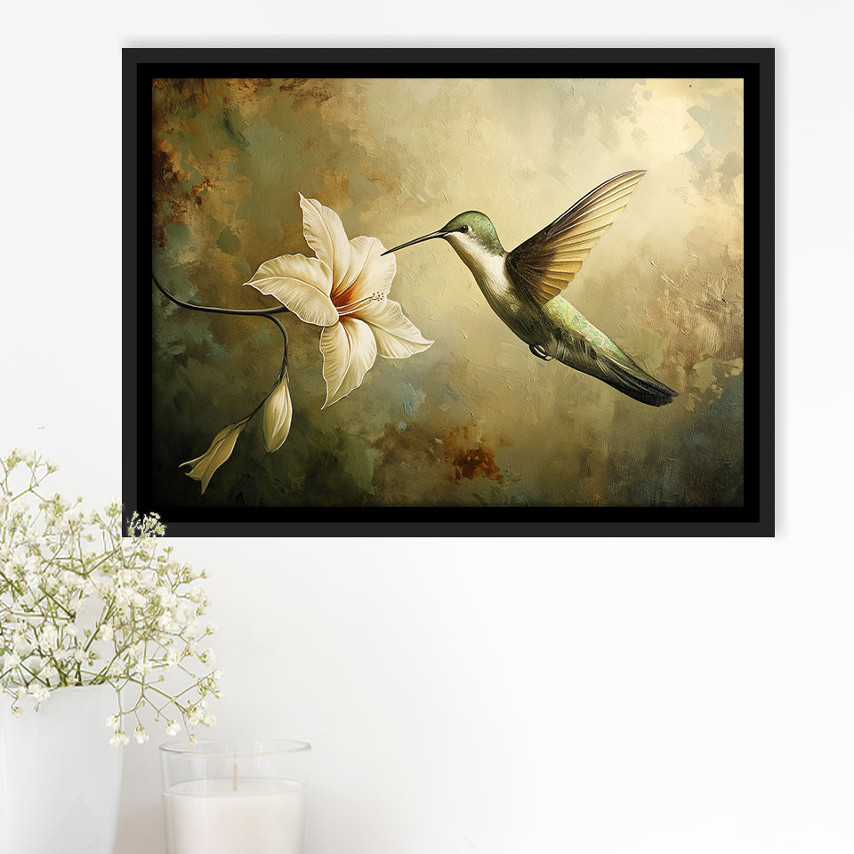 Hummingbird Flying Oil Painting Vintage, Framed Canvas Print Wall Art Decor, Floating Frame Painting Canvas