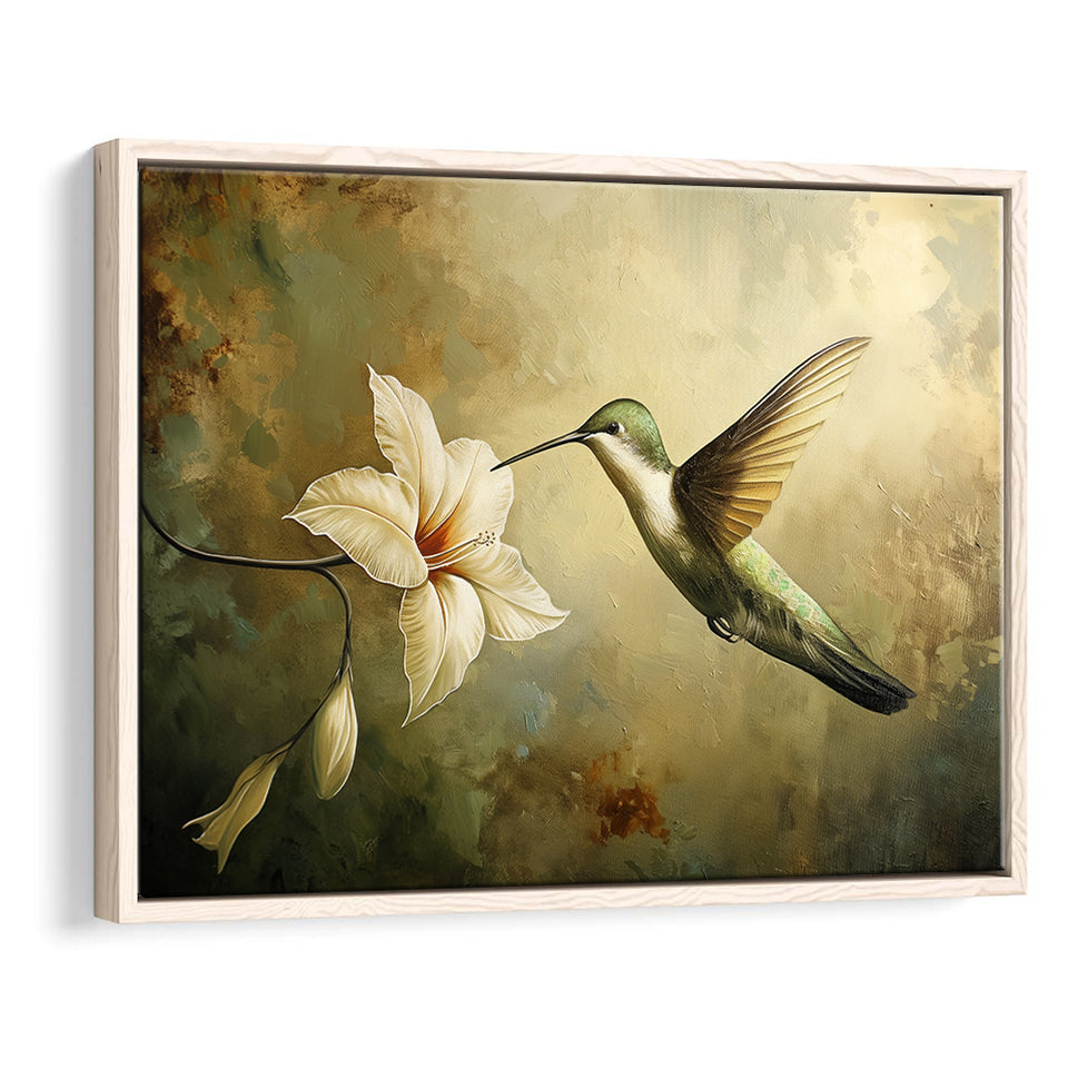 Hummingbird Flying Oil Painting Vintage, Framed Canvas Print Wall Art Decor, Floating Frame Painting Canvas