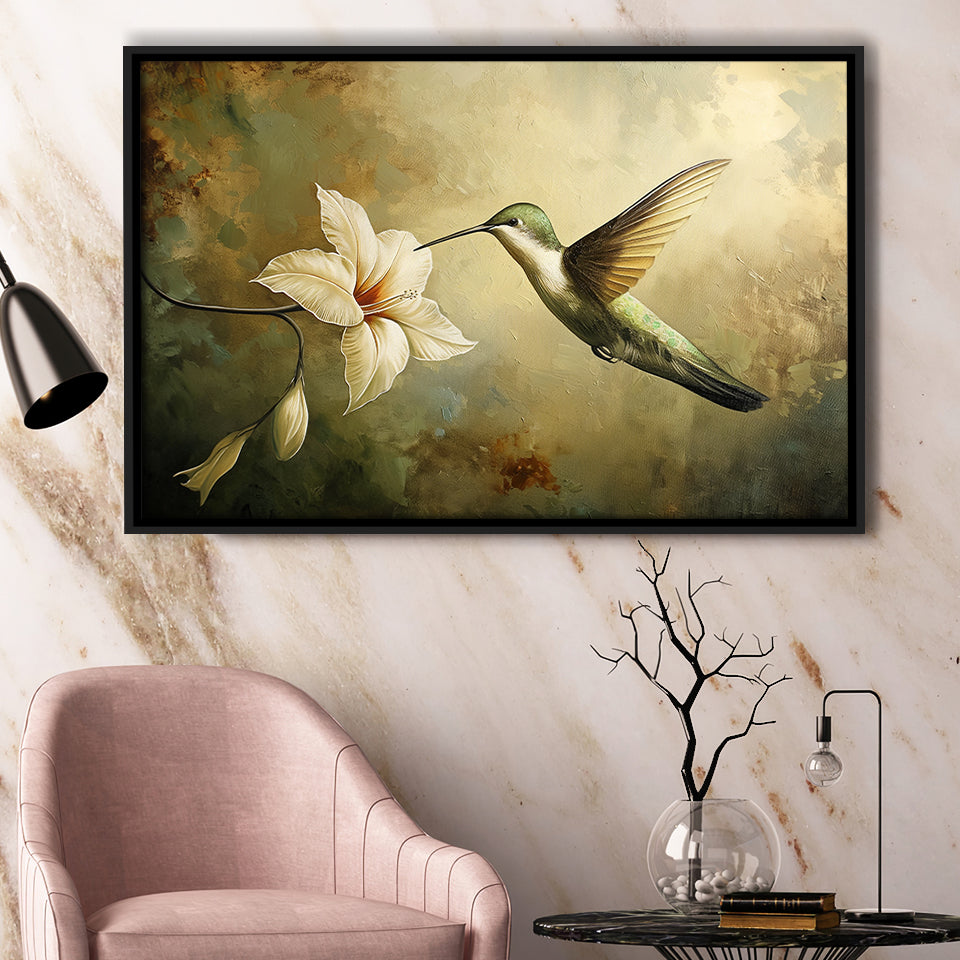 Hummingbird Flying Oil Painting Vintage, Framed Canvas Print Wall Art Decor, Floating Frame Painting Canvas