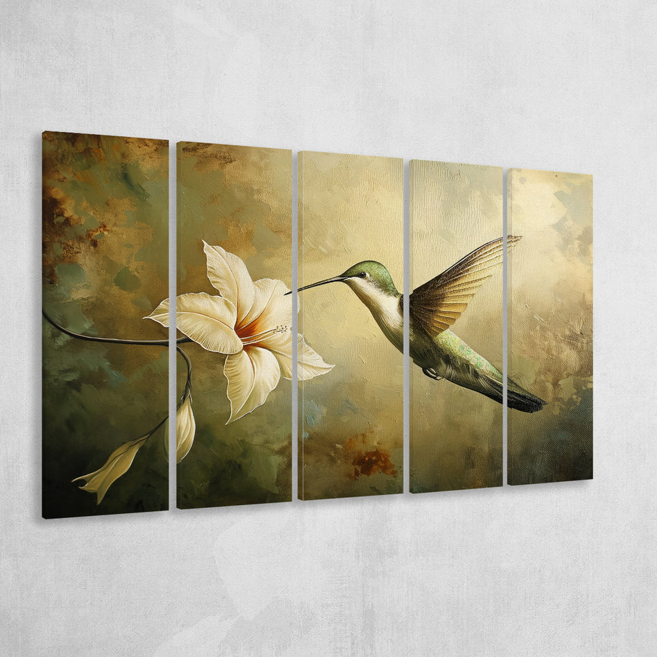Hummingbird Flying Oil Painting Vintage, Mixed 5 Panel B Canvas Print Wall Art Decor, Extra Large Painting Canvas