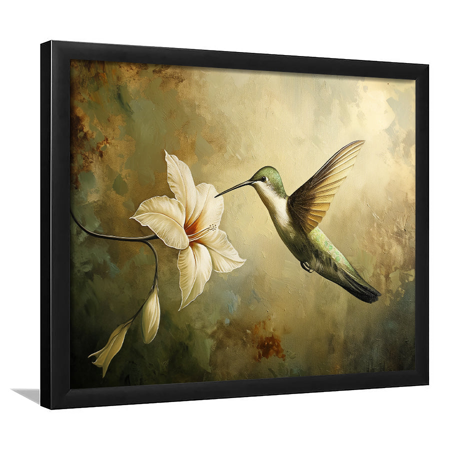 Hummingbird Flying Oil Painting Vintage, Framed Art Print Wall Decor, Picture Framed Painting Art