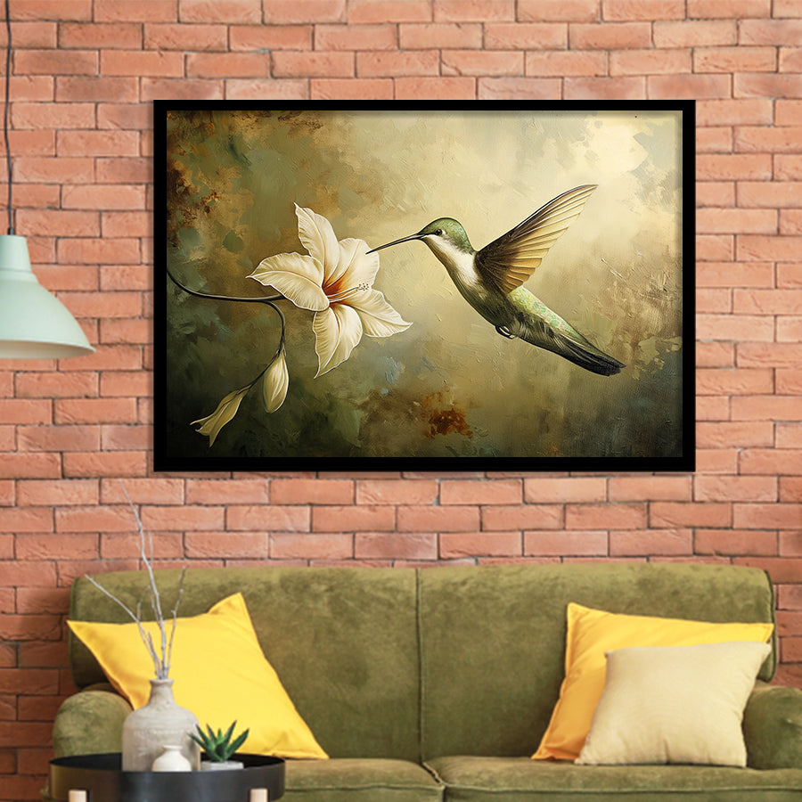 Hummingbird Flying Oil Painting Vintage, Framed Art Print Wall Decor, Picture Framed Painting Art