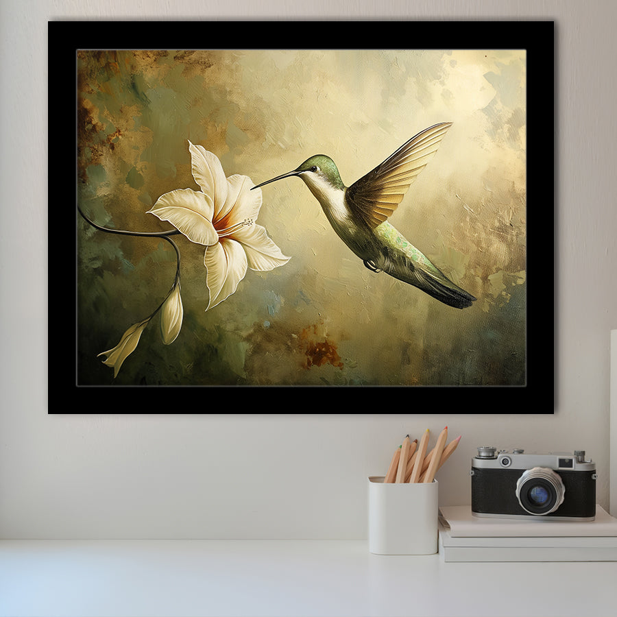Hummingbird Flying Oil Painting Vintage, Framed Art Print Wall Decor, Picture Framed Painting Art