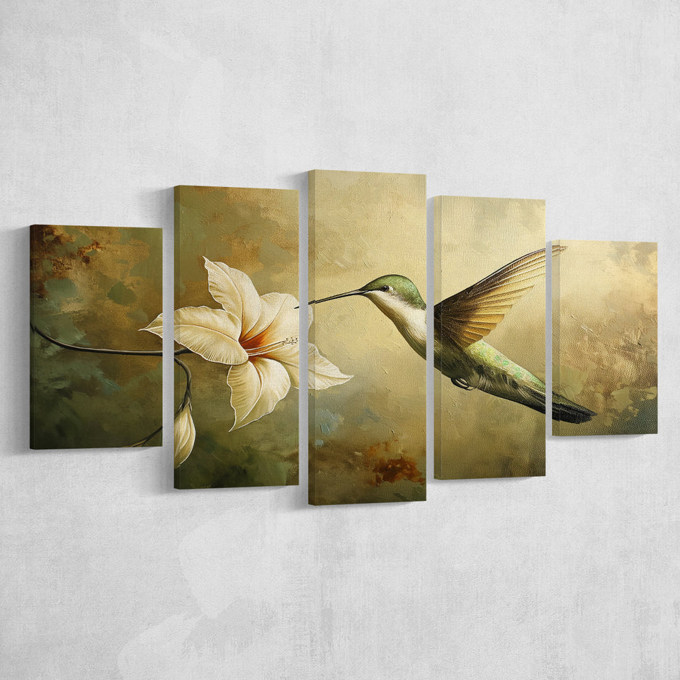 Hummingbird Flying Oil Painting Vintage, Mixed 5 Panel Canvas Print Wall Art Home Decor, Large Canvas Painting