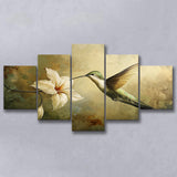 Hummingbird Flying Oil Painting Vintage, Mixed 5 Panel Canvas Print Wall Art Home Decor, Large Canvas Painting