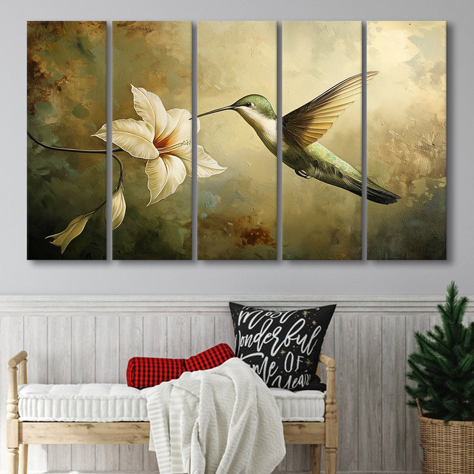Hummingbird Flying Oil Painting Vintage, Mixed 5 Panel B Canvas Print Wall Art Decor, Extra Large Painting Canvas