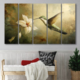 Hummingbird Flying Oil Painting Vintage, Mixed 5 Panel B Canvas Print Wall Art Decor, Extra Large Painting Canvas