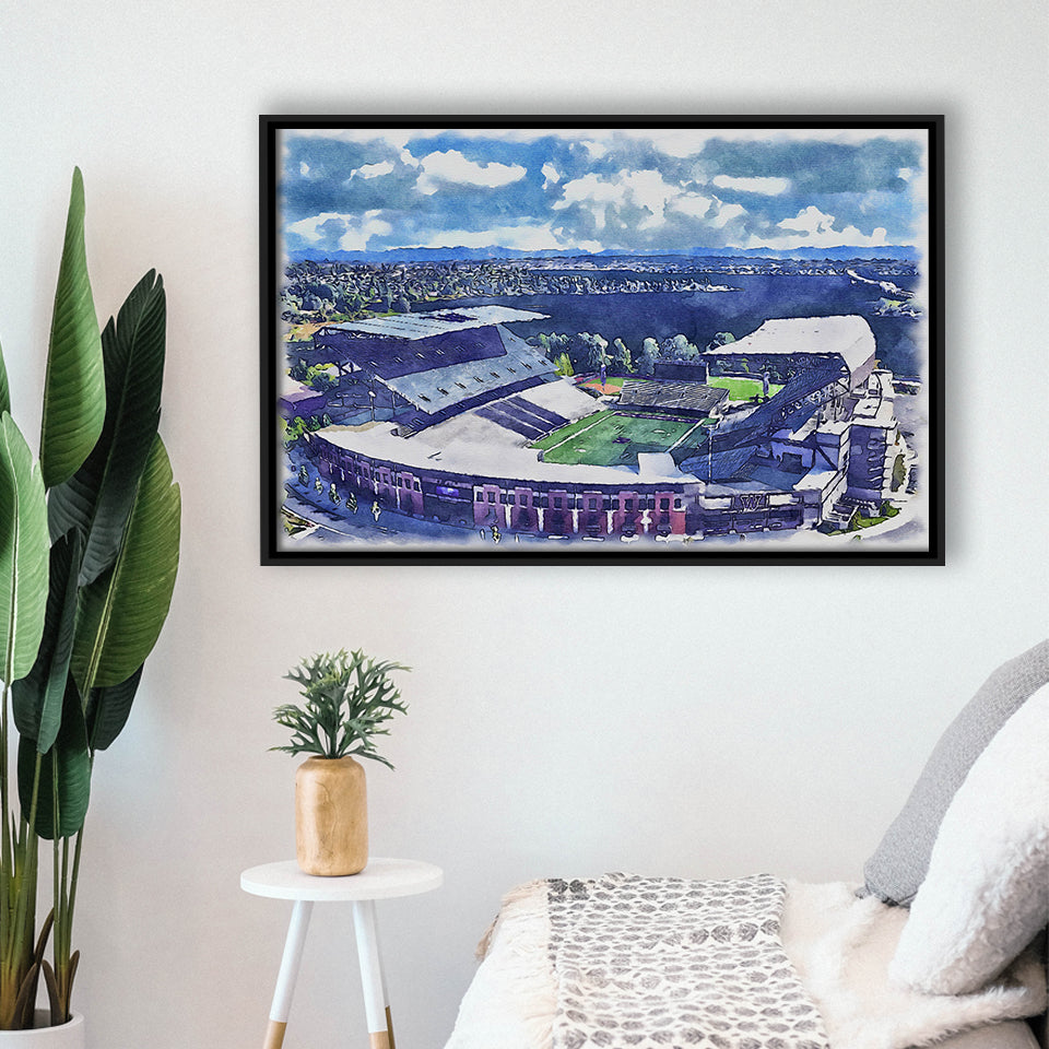 Husky Stadium WaterColor Framed Canvas Prints, Seattle Washington Watercolor, Stadium Art Gifts, Floating Frame