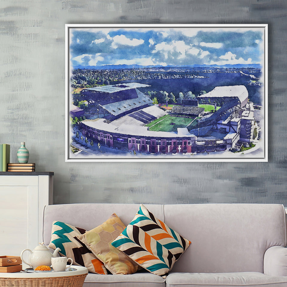 Husky Stadium WaterColor Framed Canvas Prints, Seattle Washington Watercolor, Stadium Art Gifts, Floating Frame