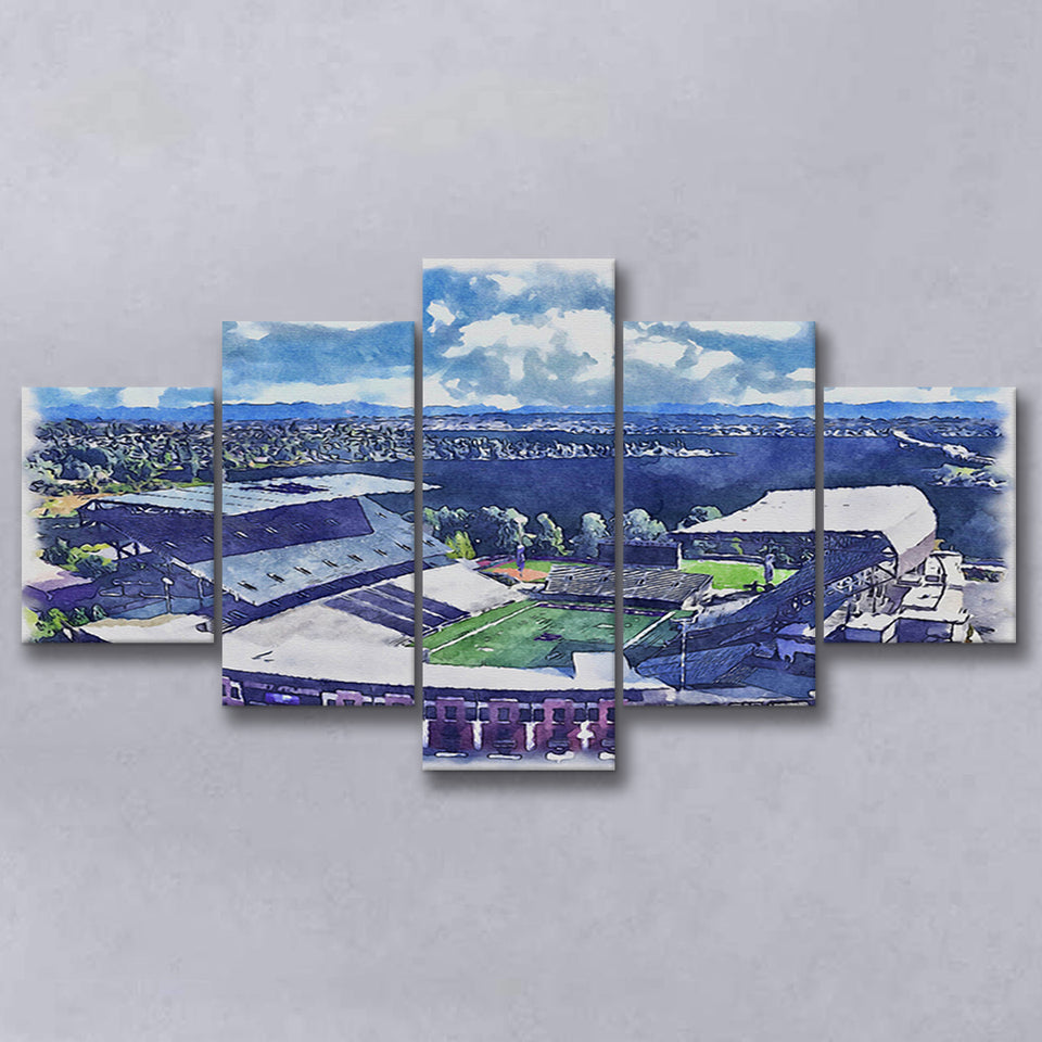 Husky Stadium WaterColor 5 Panels Mix Canvas Prints, Seattle Washington Watercolor, Large Stadium Canvas