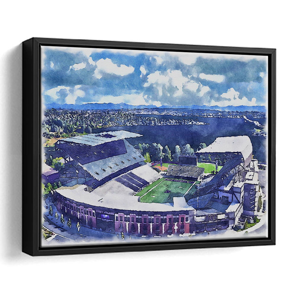 Husky Stadium WaterColor Framed Canvas Prints, Seattle Washington Watercolor, Stadium Art Gifts, Floating Frame