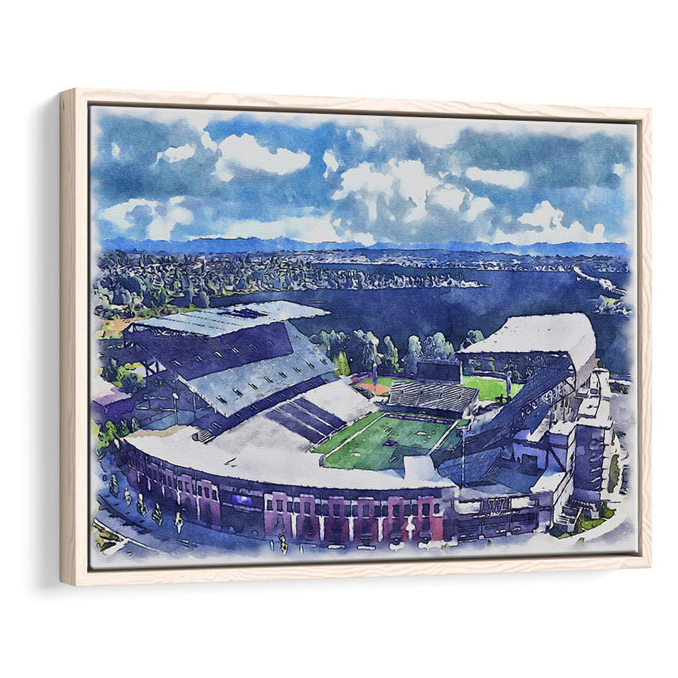 Husky Stadium WaterColor Framed Canvas Prints, Seattle Washington Watercolor, Stadium Art Gifts, Floating Frame