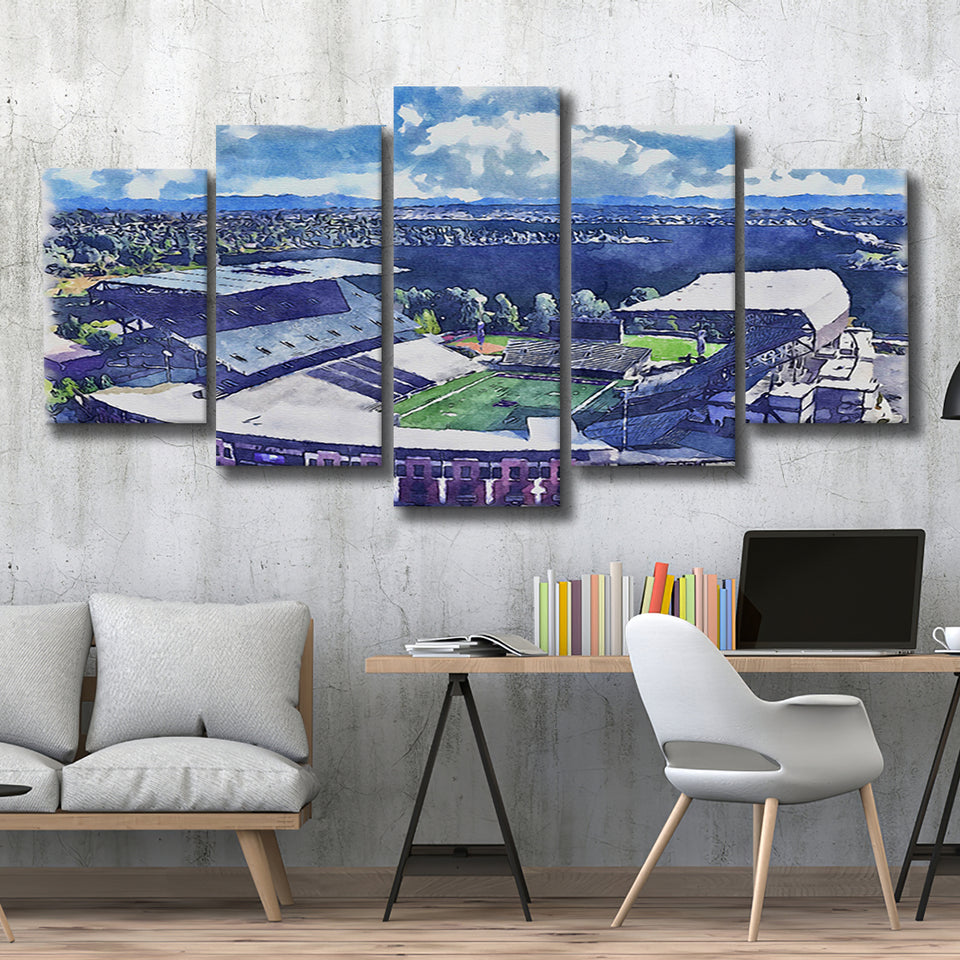 Husky Stadium WaterColor 5 Panels Mix Canvas Prints, Seattle Washington Watercolor, Large Stadium Canvas