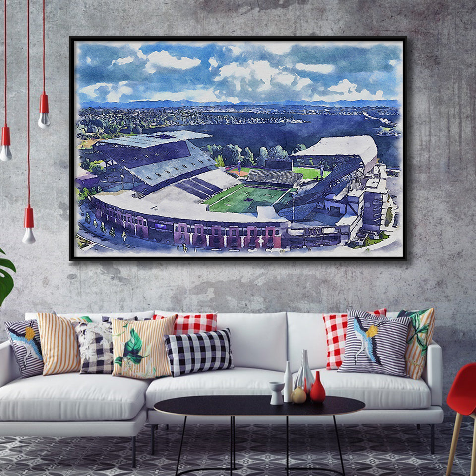 Husky Stadium WaterColor Framed Canvas Prints, Seattle Washington Watercolor, Stadium Art Gifts, Floating Frame