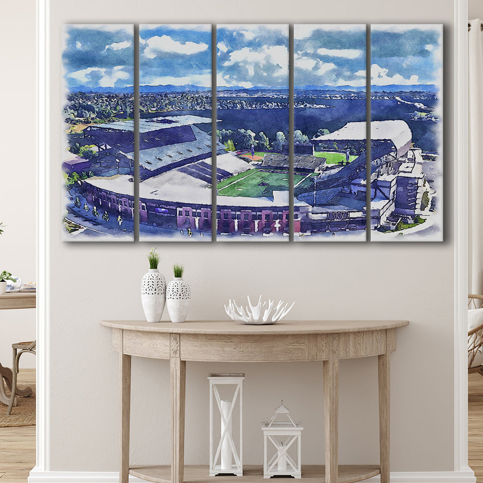 Husky Stadium WaterColor 5 Panels B Mixed Canvas Prints, Extra Large, Seattle Washington Watercolor
