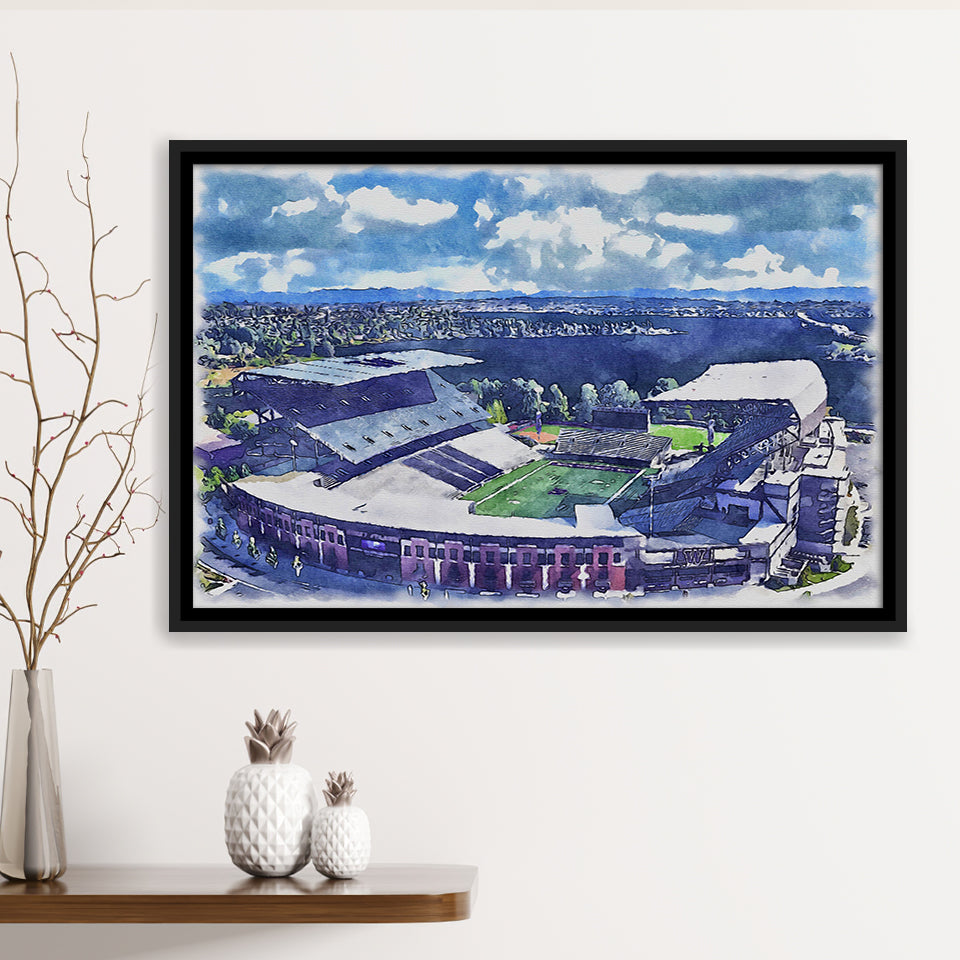 Husky Stadium WaterColor Framed Canvas Prints, Seattle Washington Watercolor, Stadium Art Gifts, Floating Frame