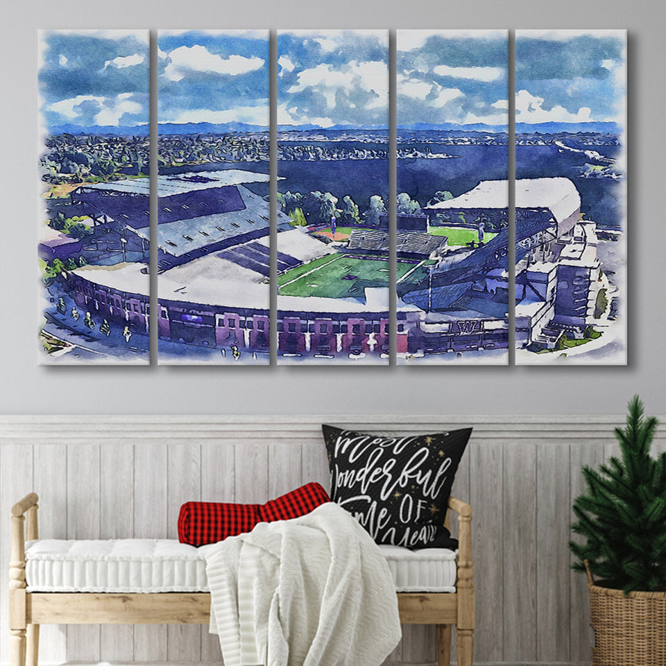 Husky Stadium WaterColor 5 Panels B Mixed Canvas Prints, Extra Large, Seattle Washington Watercolor