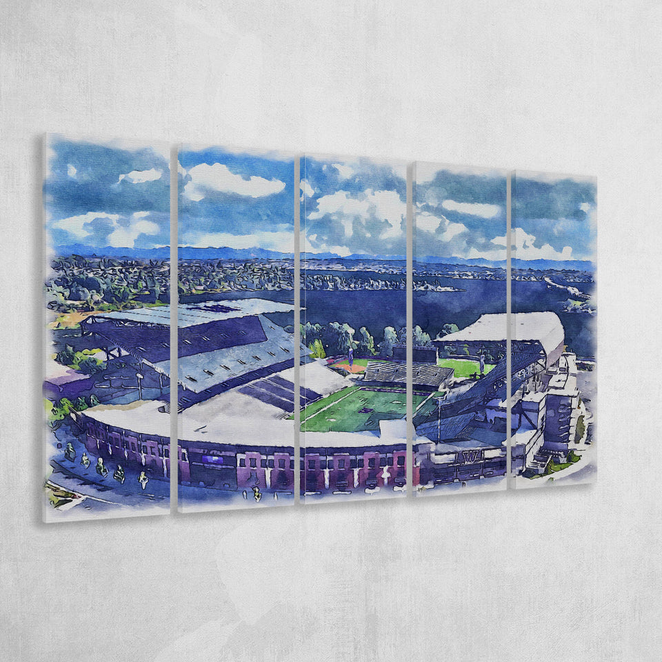 Husky Stadium WaterColor 5 Panels B Mixed Canvas Prints, Extra Large, Seattle Washington Watercolor