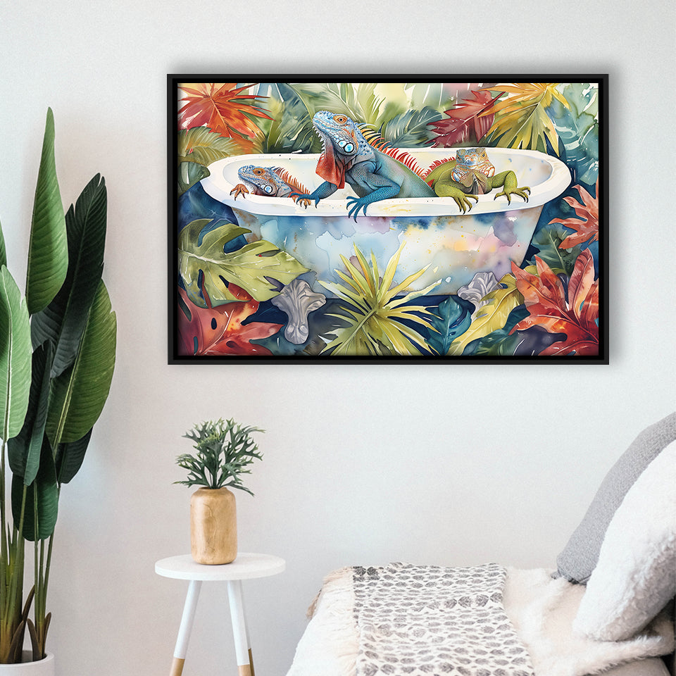 Iguanas In Bathtub Bathroom Print Tropical Leave, Bathroom Art Decor Framed Canvas Prints Wall Art,Floating Frame