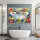 Iguanas In Bathtub Bathroom Print Tropical Leave, Bathroom Art Decor Framed Canvas Prints Wall Art,Floating Frame