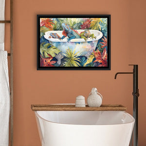 Iguanas In Bathtub Bathroom Print Tropical Leave, Bathroom Art Decor Framed Canvas Prints Wall Art,Floating Frame