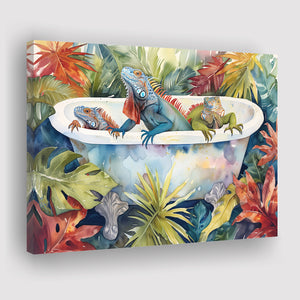 Iguanas In Bathtub Bathroom Print Tropical Leave, Bathroom Art Decor Canvas Prints Wall Art, Animal Bathroom Art