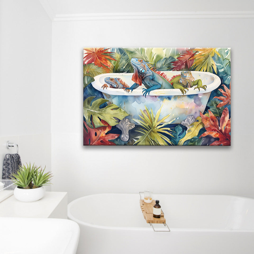 Iguanas In Bathtub Bathroom Print Tropical Leave, Bathroom Art Decor Canvas Prints Wall Art, Animal Bathroom Art