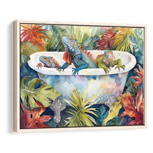 Iguanas In Bathtub Bathroom Print Tropical Leave, Bathroom Art Decor Framed Canvas Prints Wall Art,Floating Frame