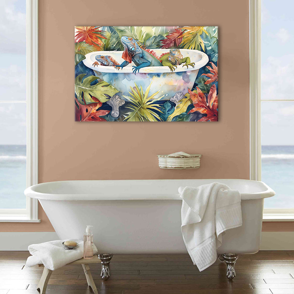 Iguanas In Bathtub Bathroom Print Tropical Leave, Bathroom Art Decor Canvas Prints Wall Art, Animal Bathroom Art