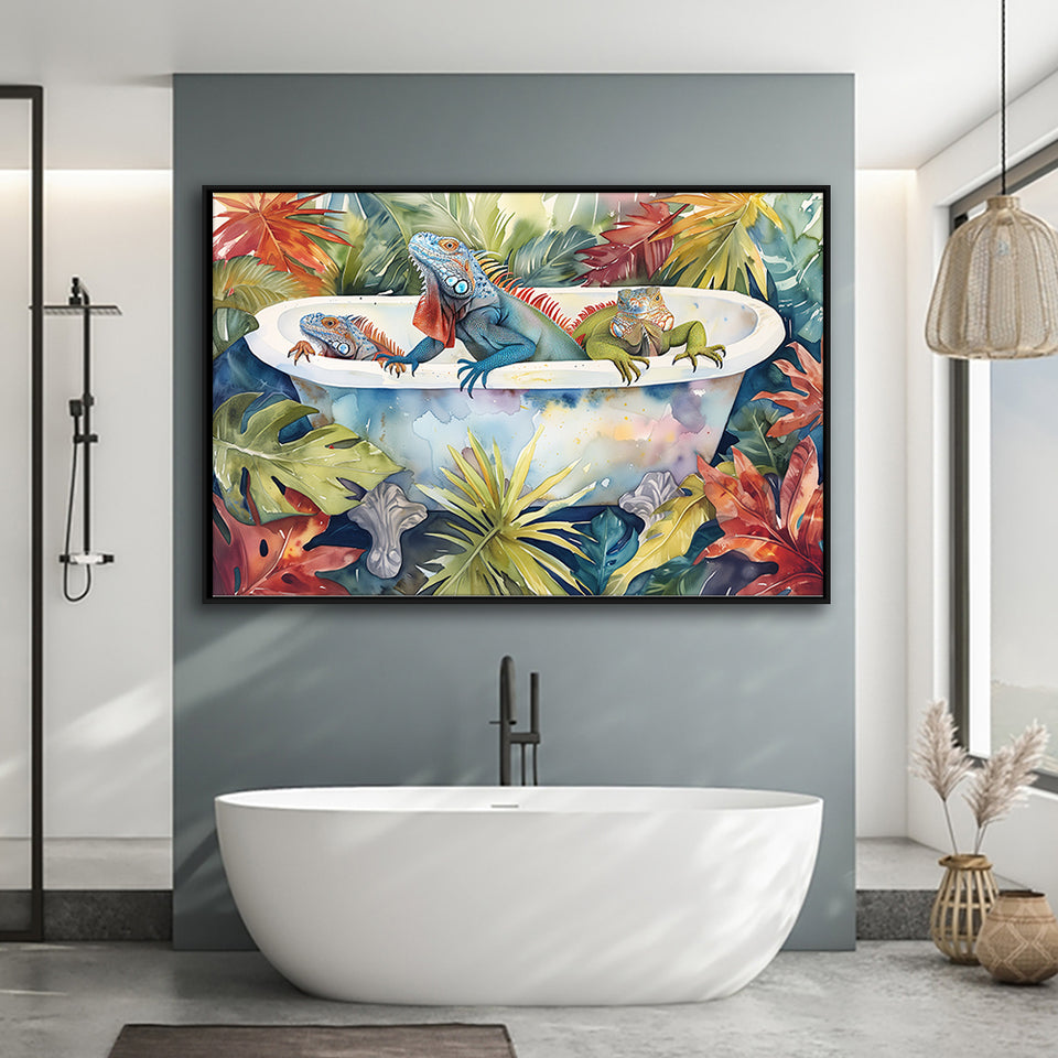 Iguanas In Bathtub Bathroom Print Tropical Leave, Bathroom Art Decor Framed Canvas Prints Wall Art,Floating Frame