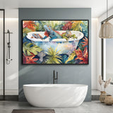 Iguanas In Bathtub Bathroom Print Tropical Leave, Bathroom Art Decor Framed Canvas Prints Wall Art,Floating Frame