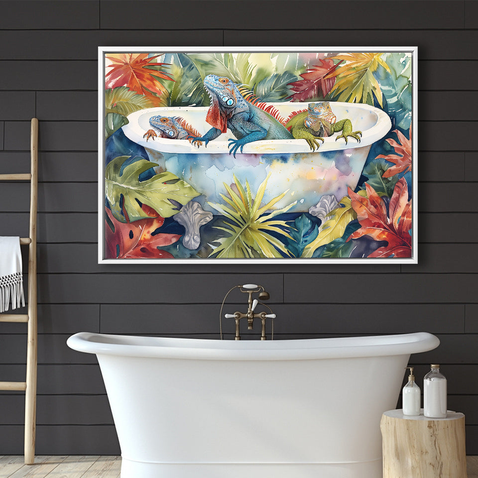 Iguanas In Bathtub Bathroom Print Tropical Leave, Bathroom Art Decor Framed Canvas Prints Wall Art,Floating Frame