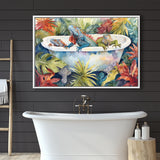 Iguanas In Bathtub Bathroom Print Tropical Leave, Bathroom Art Decor Framed Canvas Prints Wall Art,Floating Frame