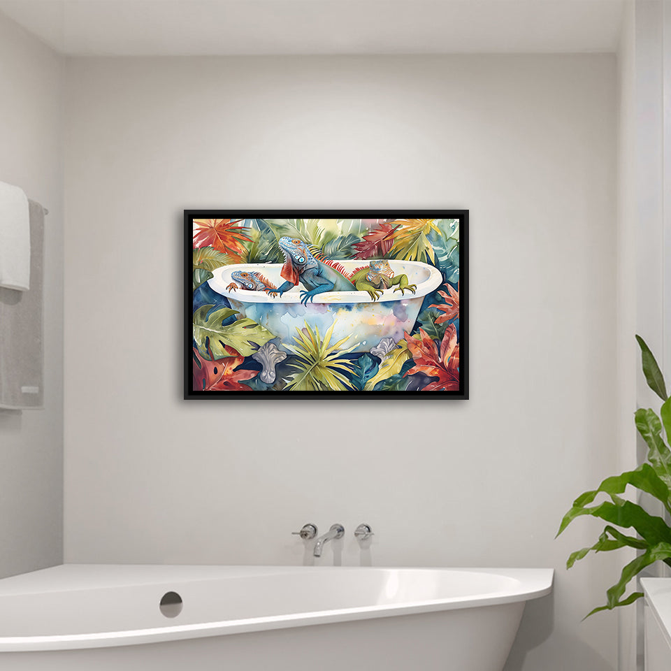 Iguanas In Bathtub Bathroom Print Tropical Leave, Bathroom Art Decor Framed Canvas Prints Wall Art,Floating Frame