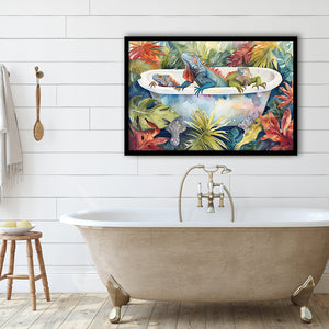Iguanas In Bathtub Bathroom Print Tropical Leave, Bathroom Art Decor Framed Art PrintsWall Art, Animal Bathroom Art