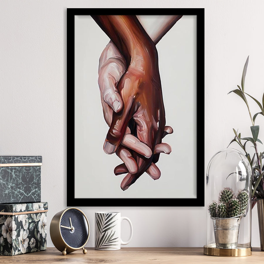 Interracial Art Love Print, Black And White Biracial Couple Holding Hands, Oil Painting, Framed Art Print, Fine Art Wall Decor