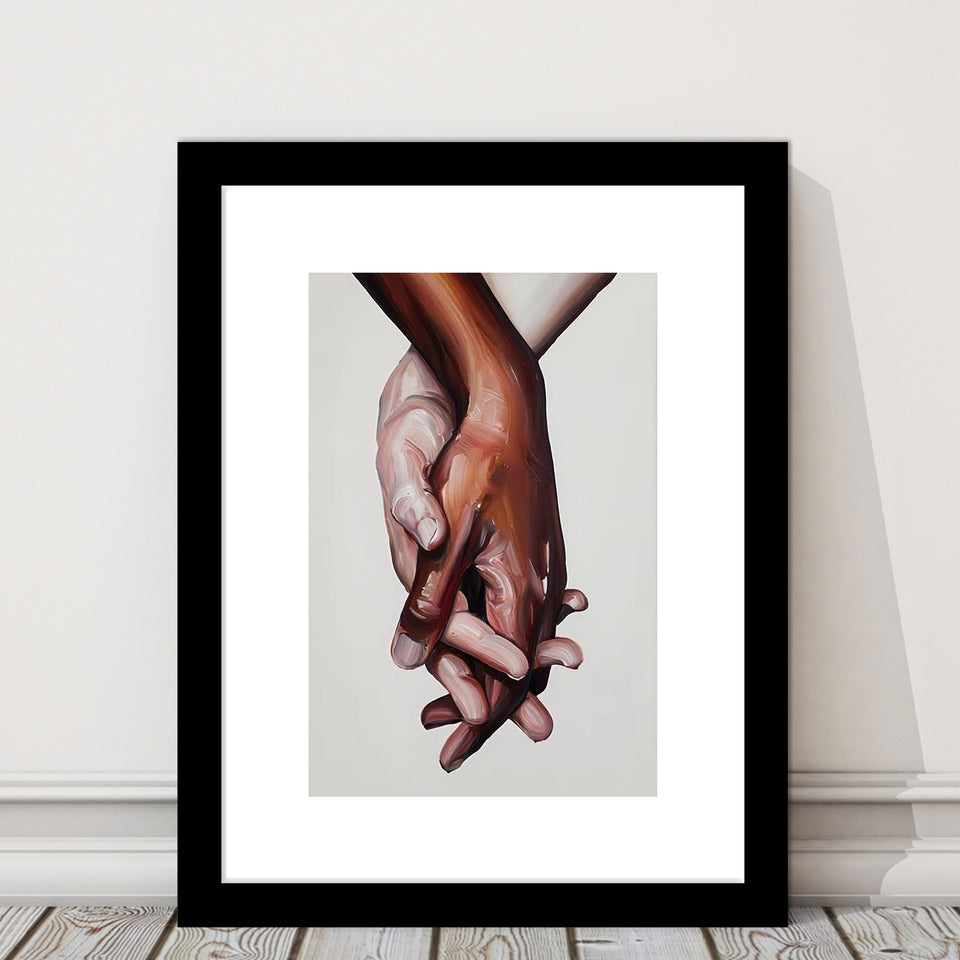 Interracial Art Love Print, Black And White Biracial Couple Holding Hands, Oil Painting, Framed Art Print White Border