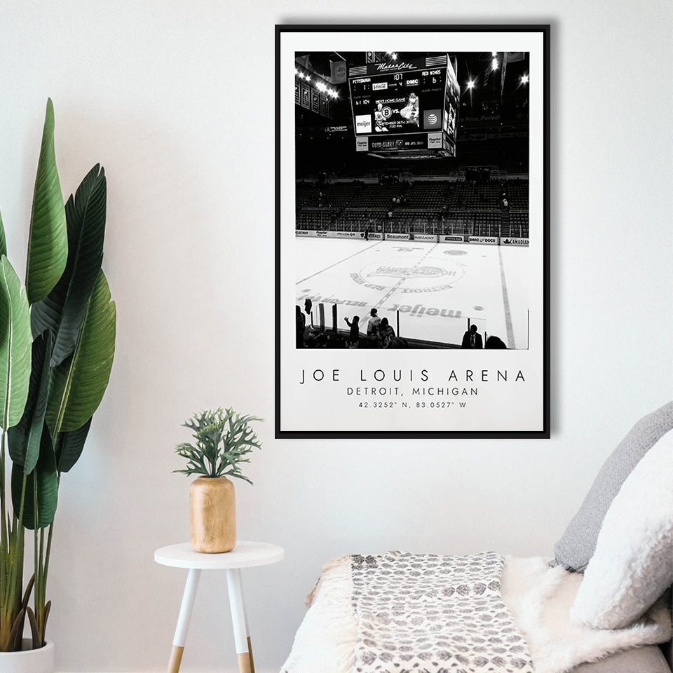 Joe Louis Arena Detroit Red Wings, Stadium Wall Art For Ice Hockey Lovers, B&W, Floating Framed Canvas Print