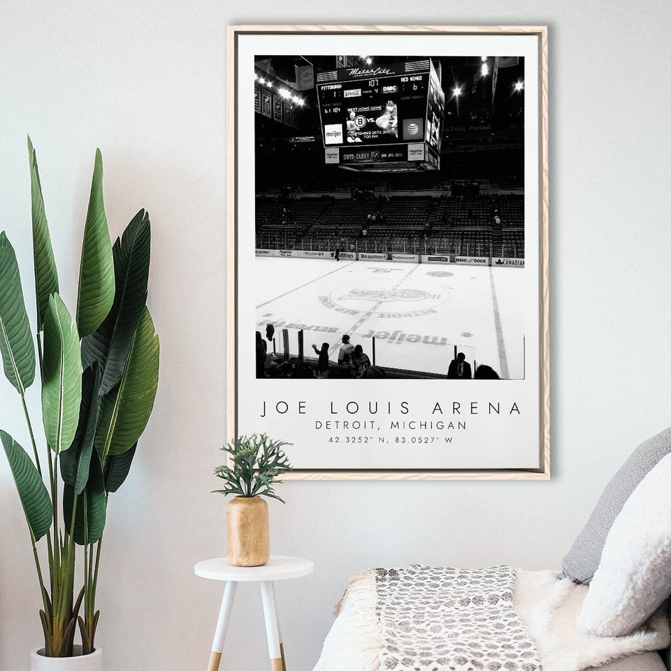 Joe Louis Arena Detroit Red Wings, Stadium Wall Art For Ice Hockey Lovers, B&W, Floating Framed Canvas Print