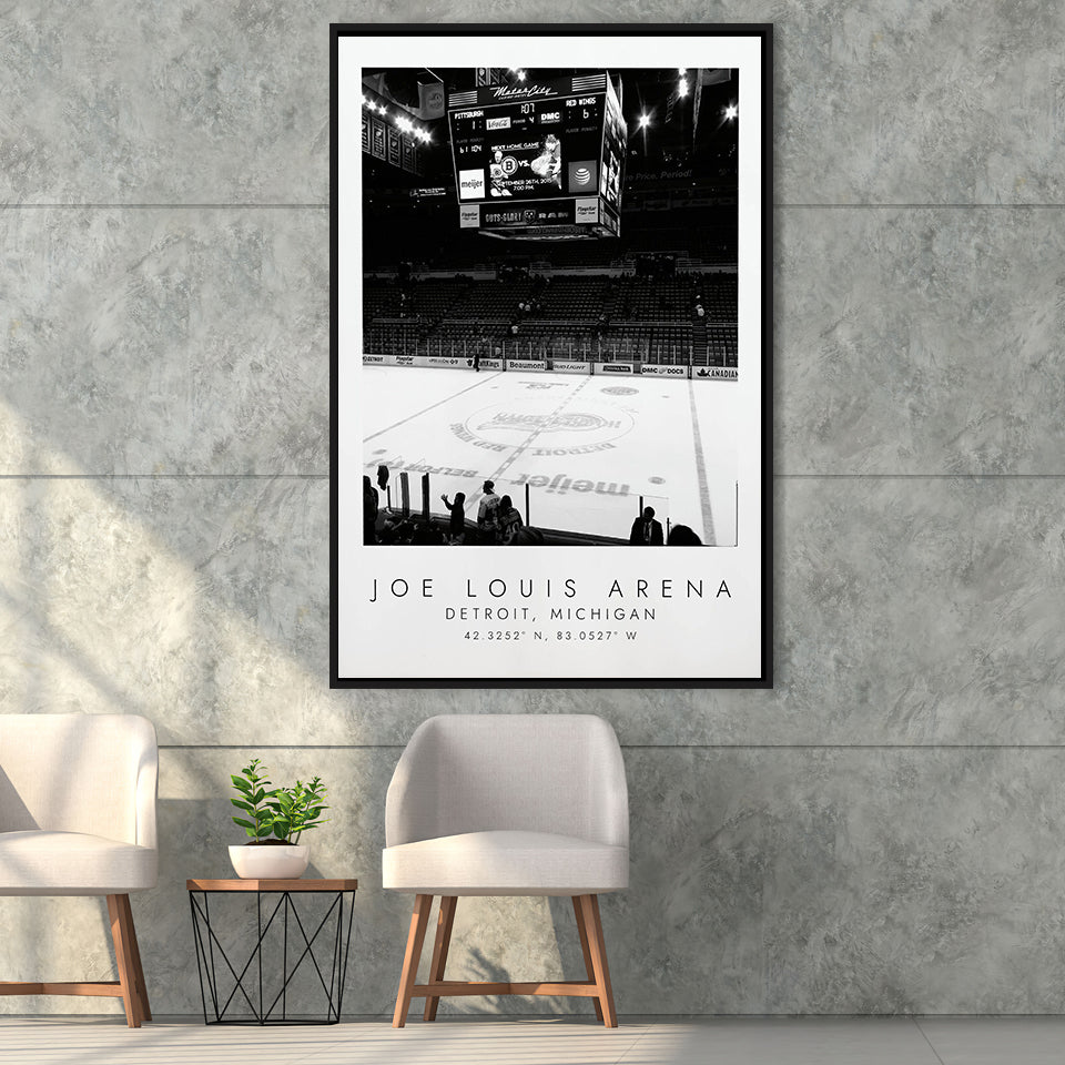 Joe Louis Arena Detroit Red Wings, Stadium Wall Art For Ice Hockey Lovers, B&W, Floating Framed Canvas Print