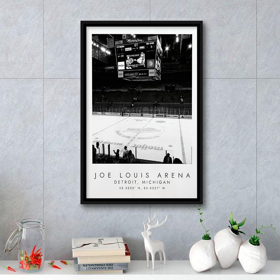 Joe Louis Arena Detroit Red Wings, Stadium Wall Art For Ice Hockey Lovers, B&W, Floating Framed Canvas Print