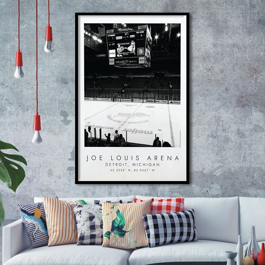 Joe Louis Arena Detroit Red Wings, Stadium Print For Ice Hockey Lovers, Black And White, Framed Art Print Wall Decor