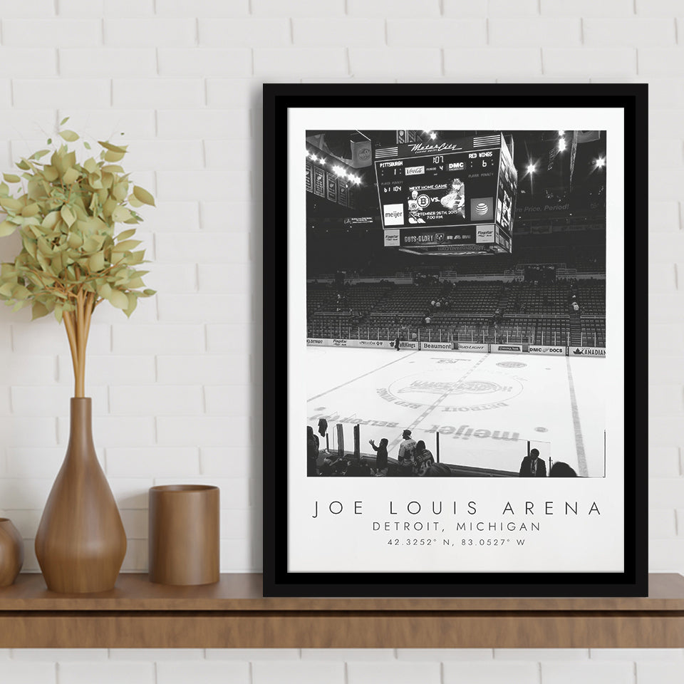 Joe Louis Arena Detroit Red Wings, Stadium Wall Art For Ice Hockey Lovers, B&W, Floating Framed Canvas Print