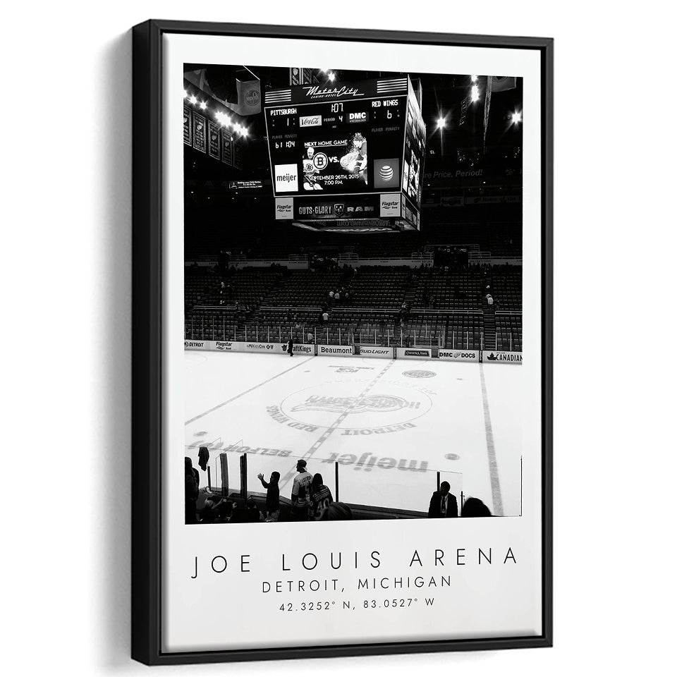 Joe Louis Arena Detroit Red Wings, Stadium Wall Art For Ice Hockey Lovers, B&W, Floating Framed Canvas Print