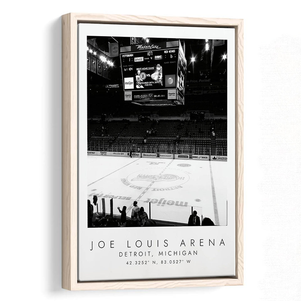 Joe Louis Arena Detroit Red Wings, Stadium Wall Art For Ice Hockey Lovers, B&W, Floating Framed Canvas Print