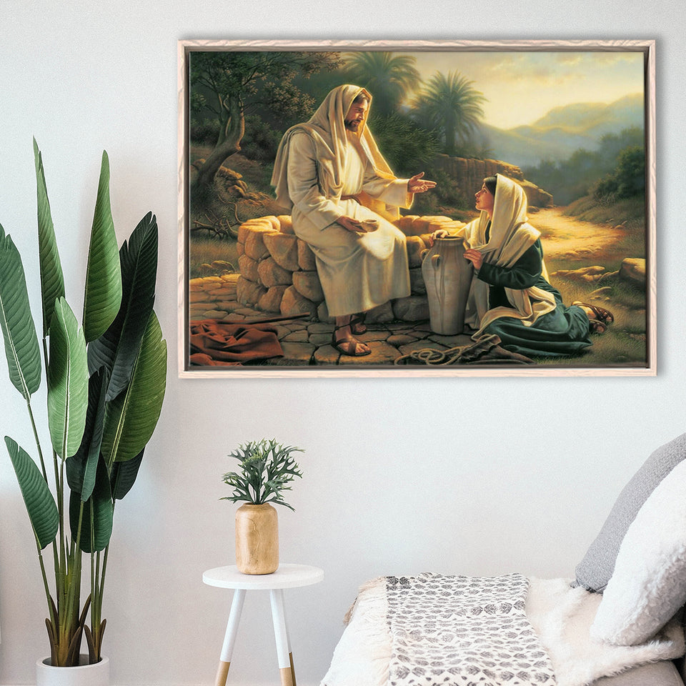 Jesus Talking To A Samaritan Woman At The Well Christian, Framed Canvas Print Wall Art Decor,Floating Frame