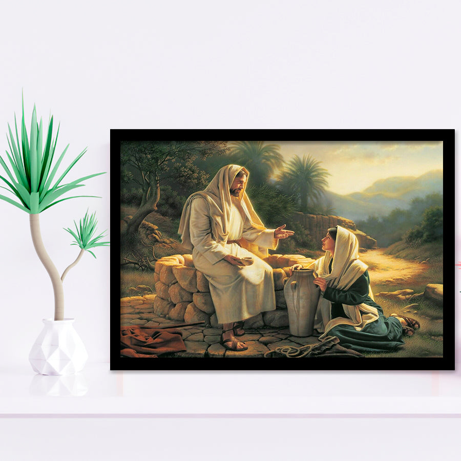 Jesus Talking To A Samaritan Woman At The Well Christian, Framed Art Print Wall Decor, Framed Picture